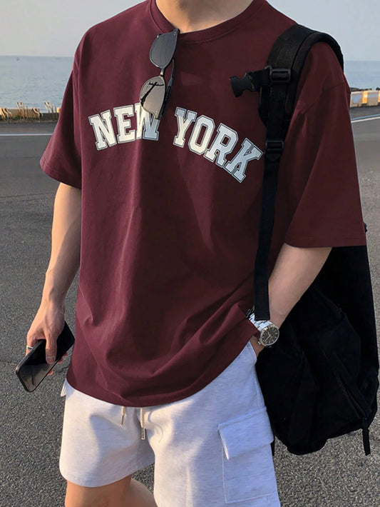 Drop Shoulder Print T-Shirt - New York - Maroon
