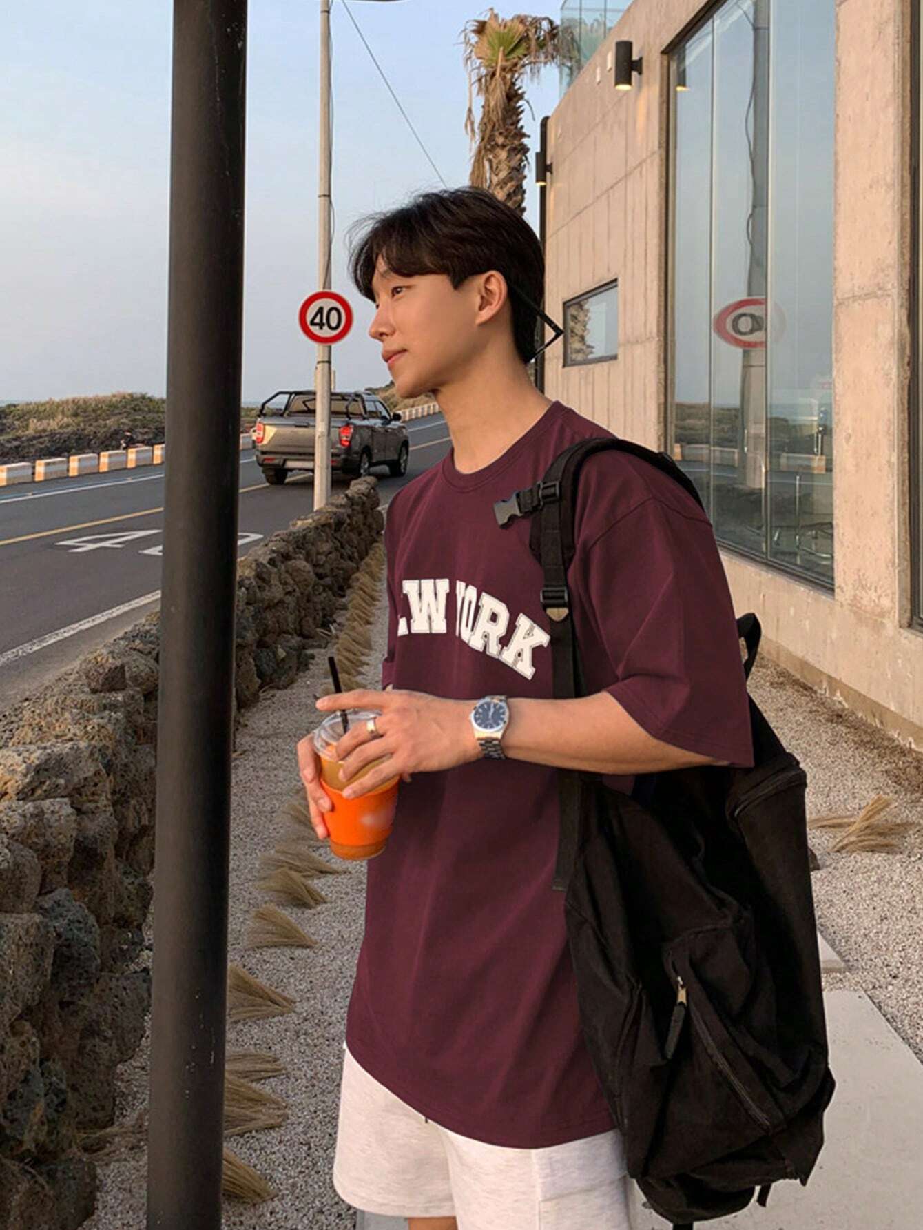 Drop Shoulder Print T-Shirt - New York - Maroon