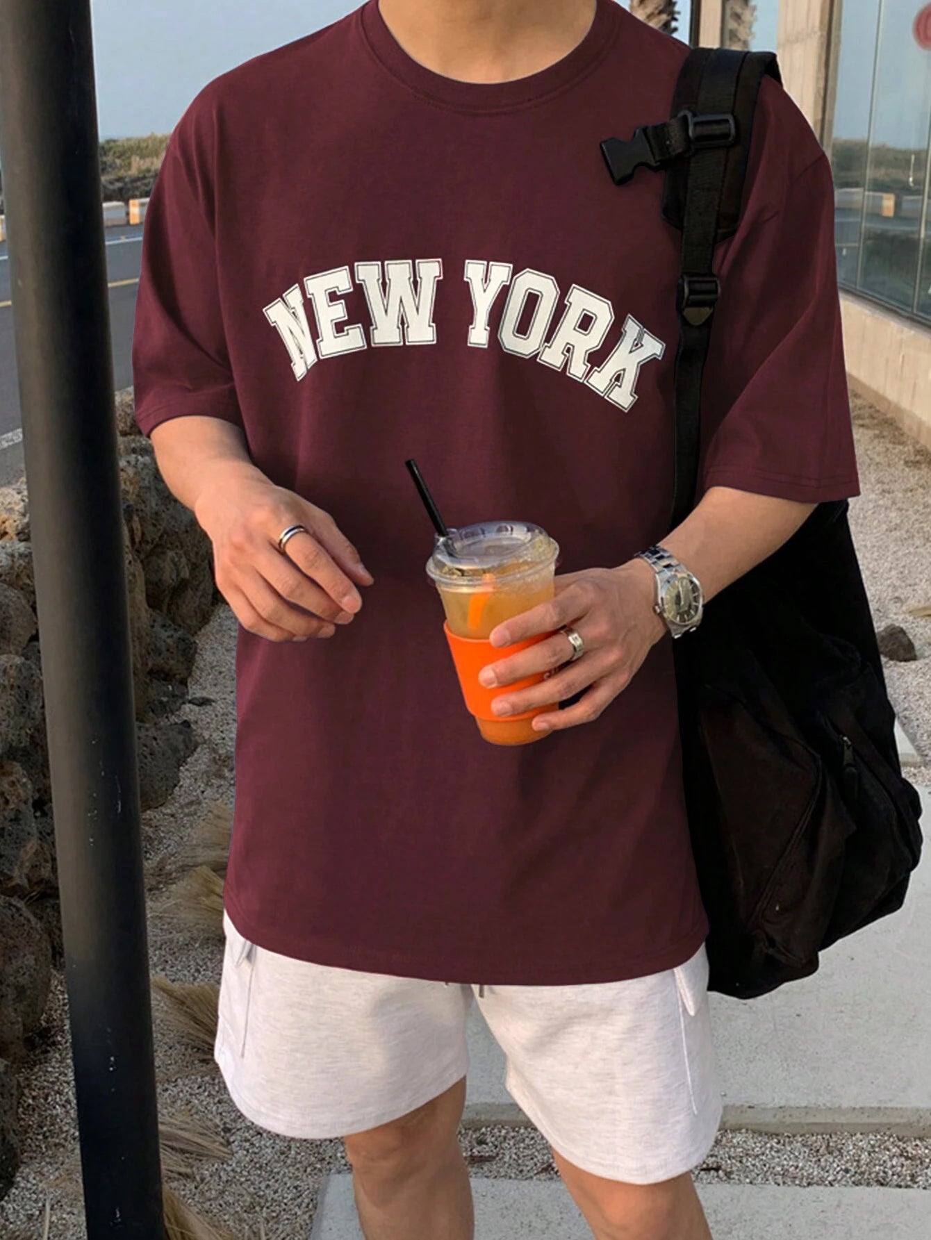 Drop Shoulder Print T-Shirt - New York - Maroon