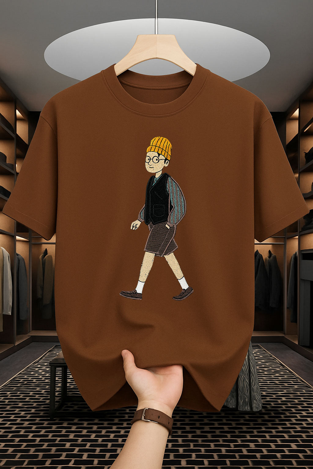 Drop Shoulder Print T-Shirt - Man with Hat Design