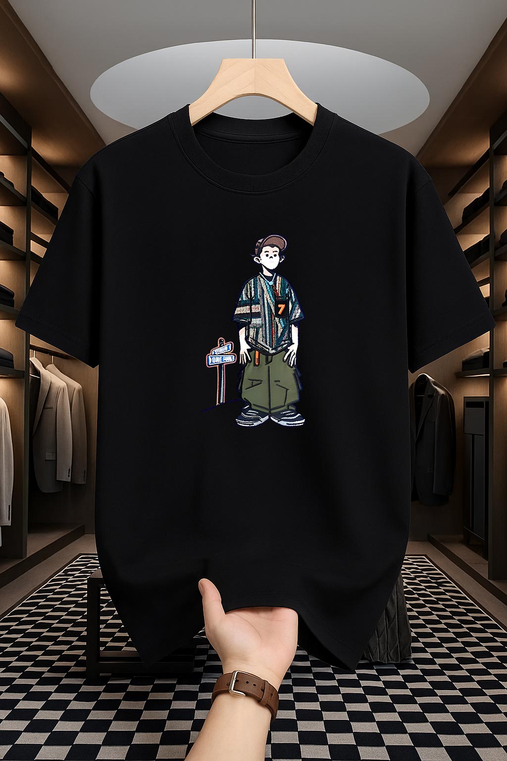 Drop Shoulder Print T-Shirt - Cartoon Design