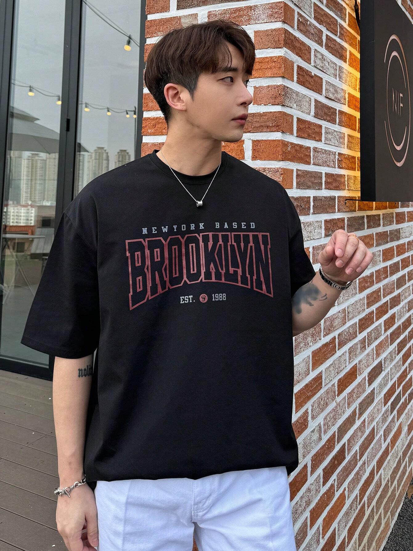 Drop Shoulder Print T-Shirt - Brooklyn - Black