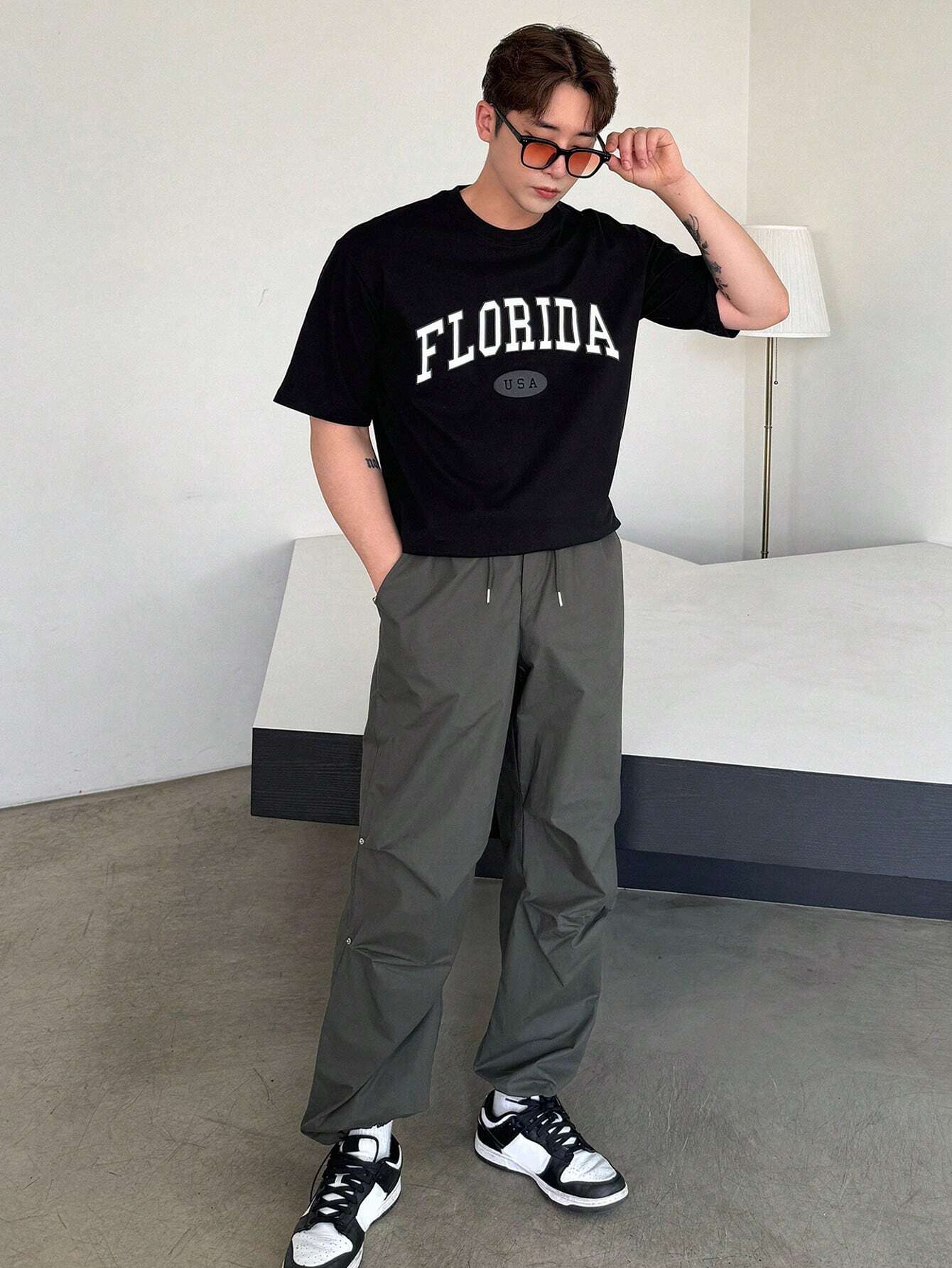 Drop Shoulder Print T-Shirt - Florida - Black