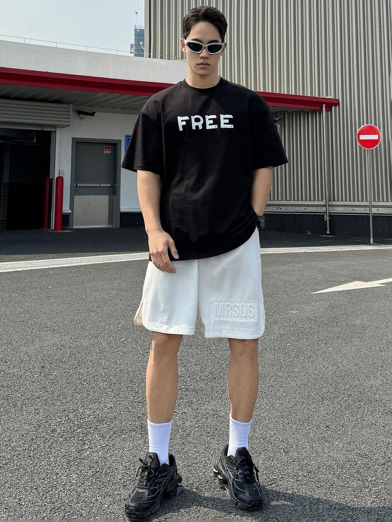 Drop Shoulder Print T-Shirt - FREE Design - Black