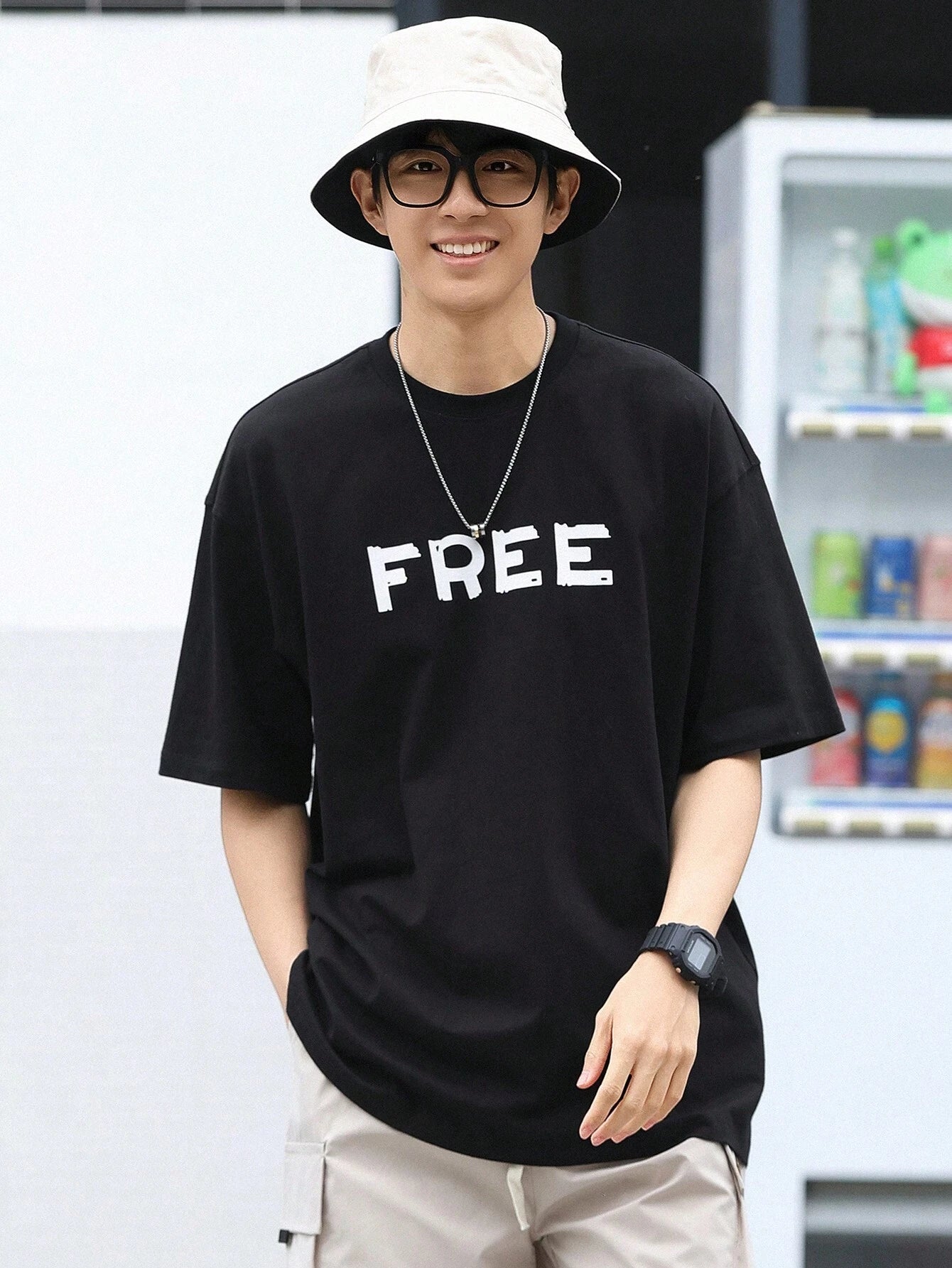 Drop Shoulder Print T-Shirt - FREE Design - Black