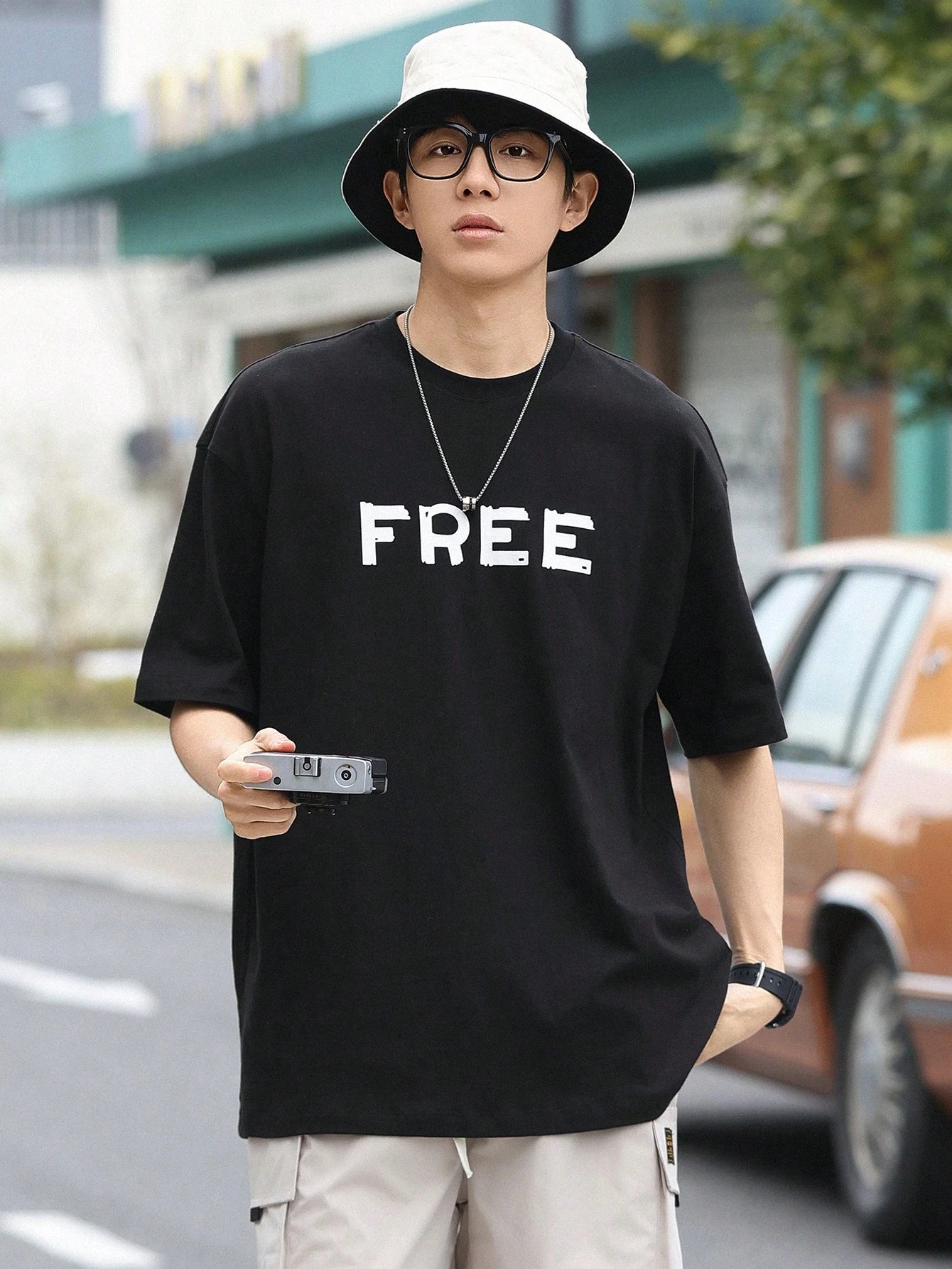 Drop Shoulder Print T-Shirt - FREE Design - Black