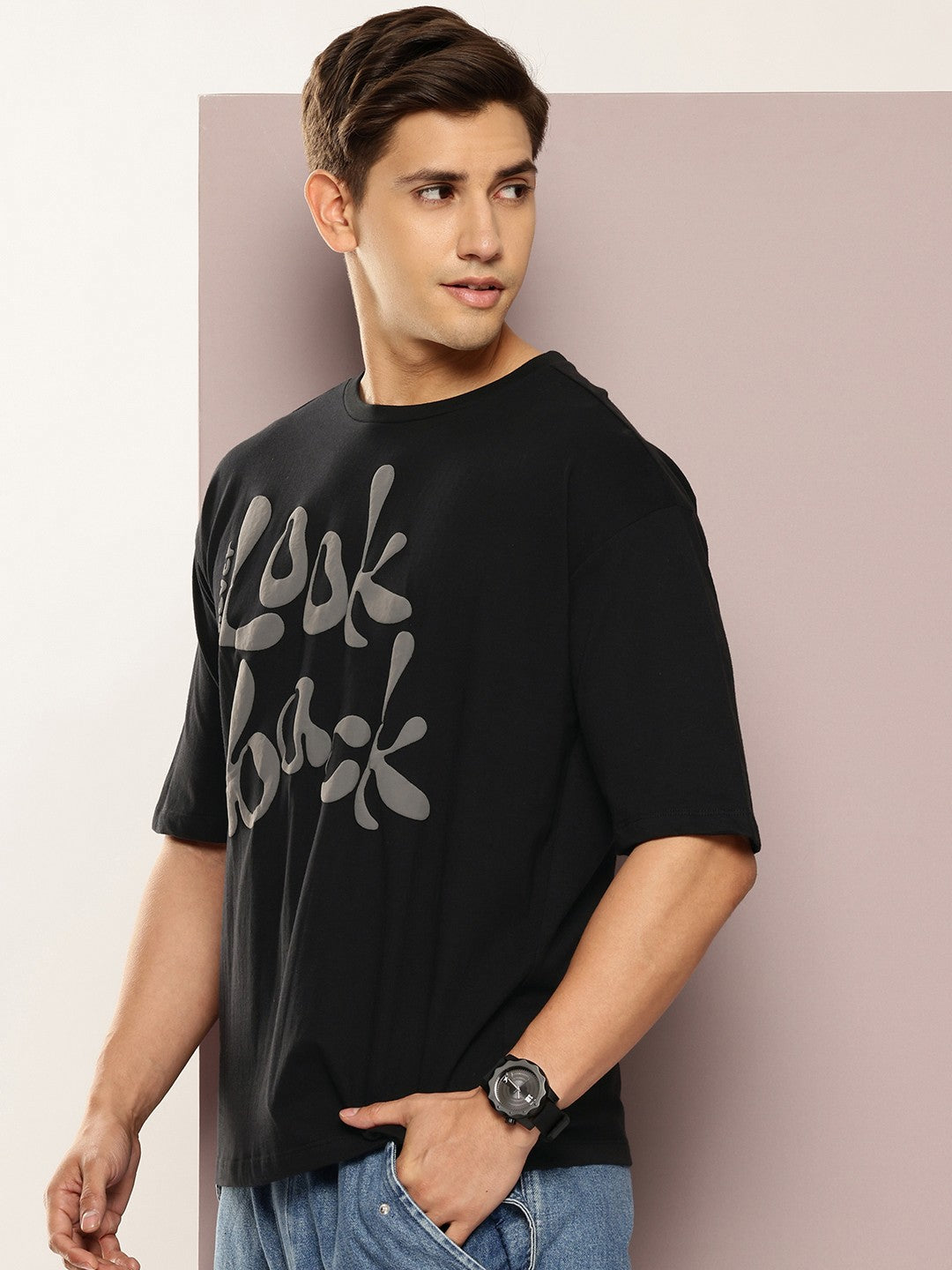 Drop Shoulder Print T-Shirt - Never Lock Back Design - Black