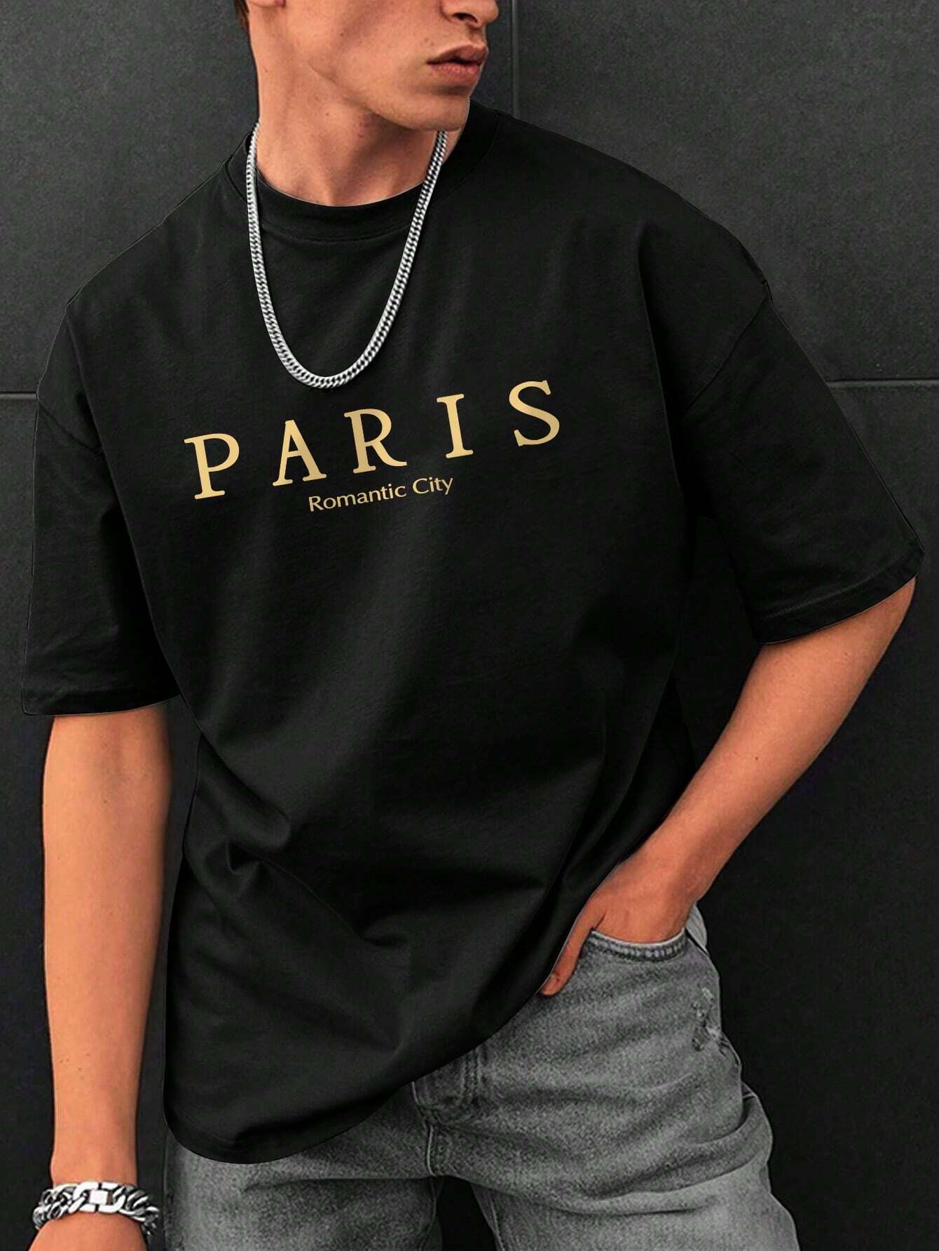 Drop Shoulder Print T-Shirt - Paris - Black
