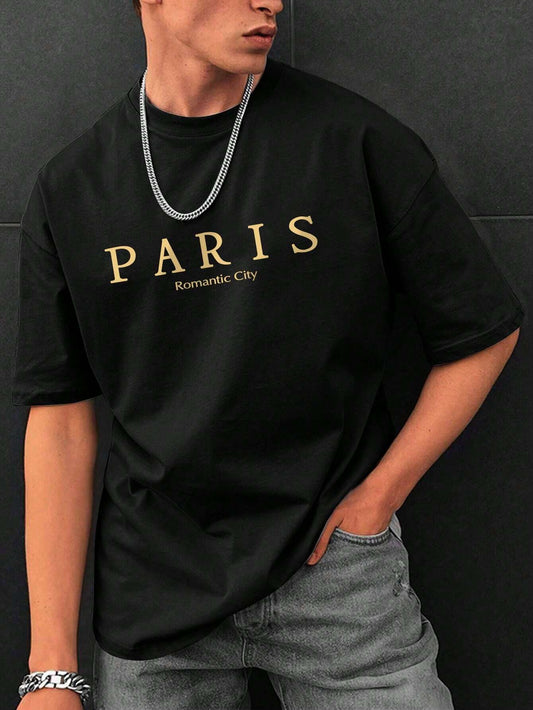 Drop Shoulder Print T-Shirt - Paris - Black