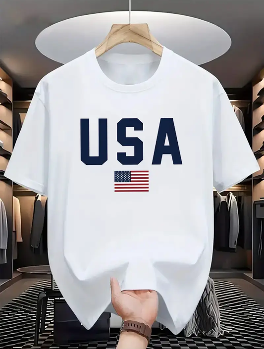 Drop Shoulder Print T-Shirt - USA - White