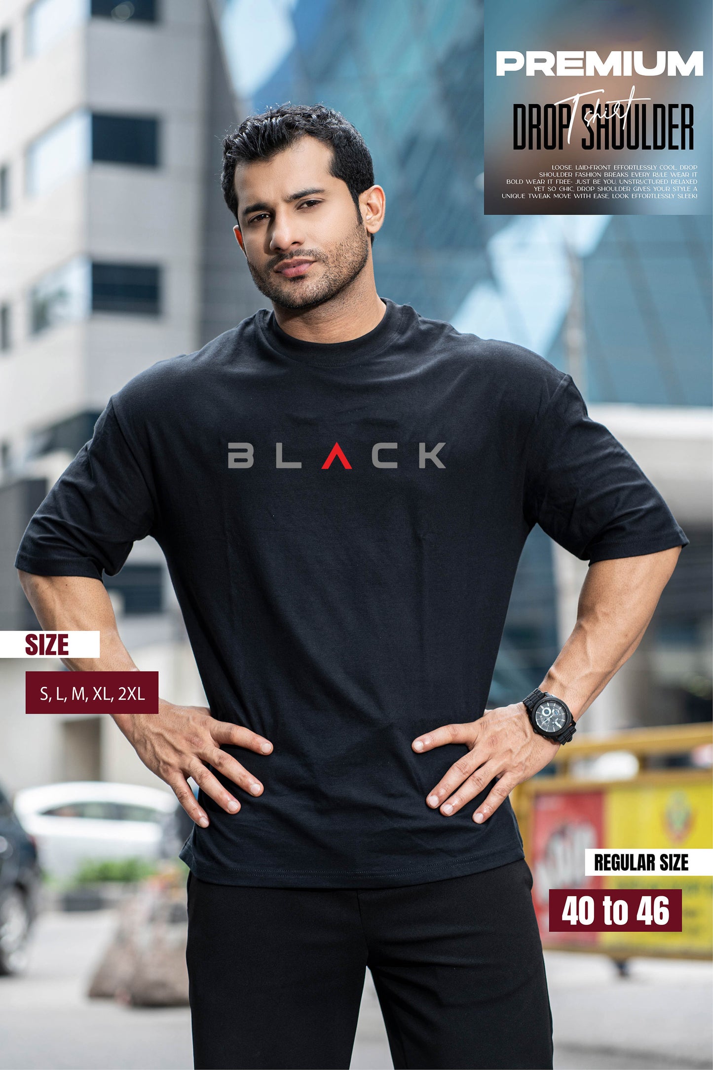 Drop Shoulder Print T-Shirt - Black Design