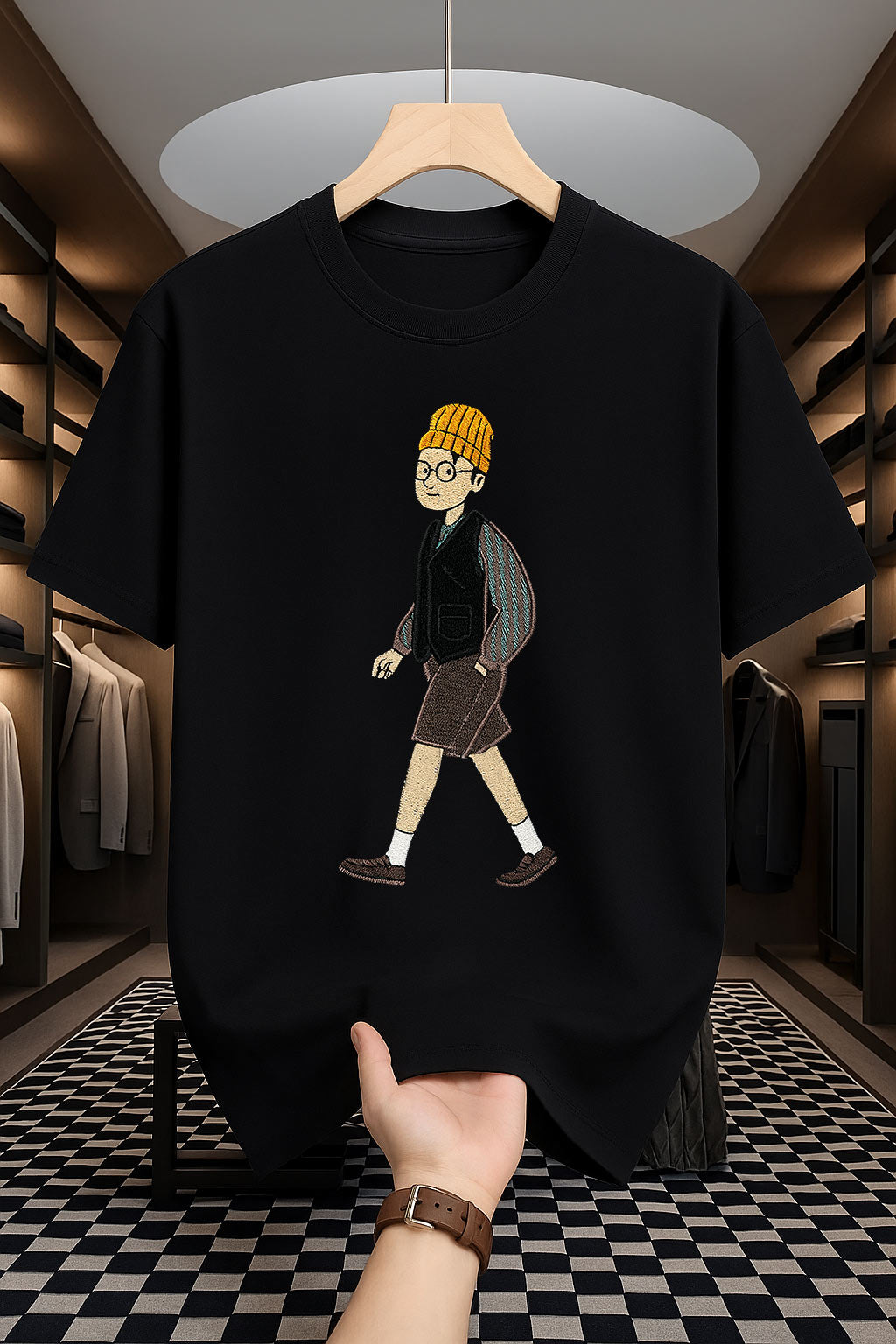 Drop Shoulder Print T-Shirt - Man with Hat Design