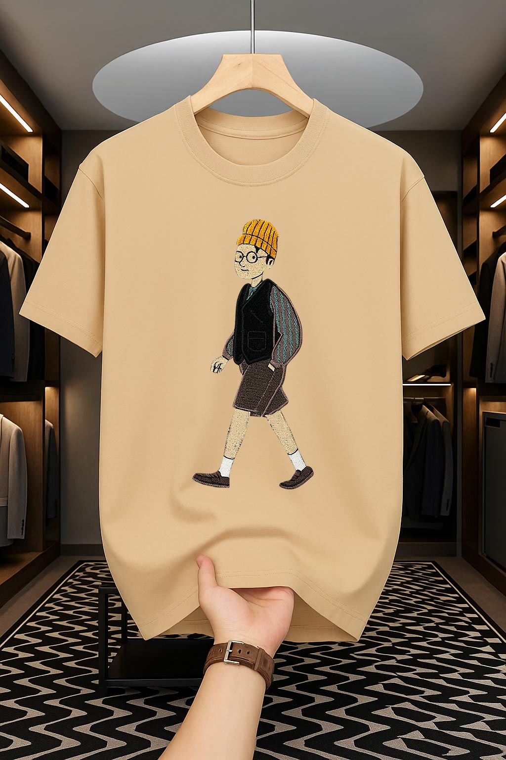 Drop Shoulder Print T-Shirt - Man with Hat Design