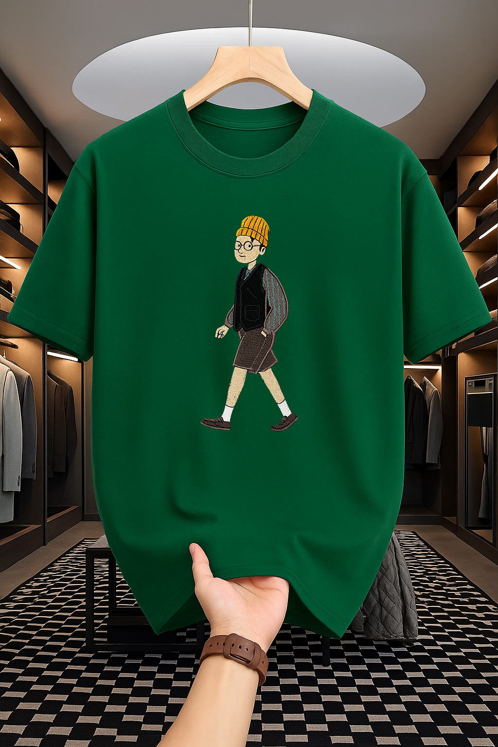 Drop Shoulder Print T-Shirt - Man with Hat Design