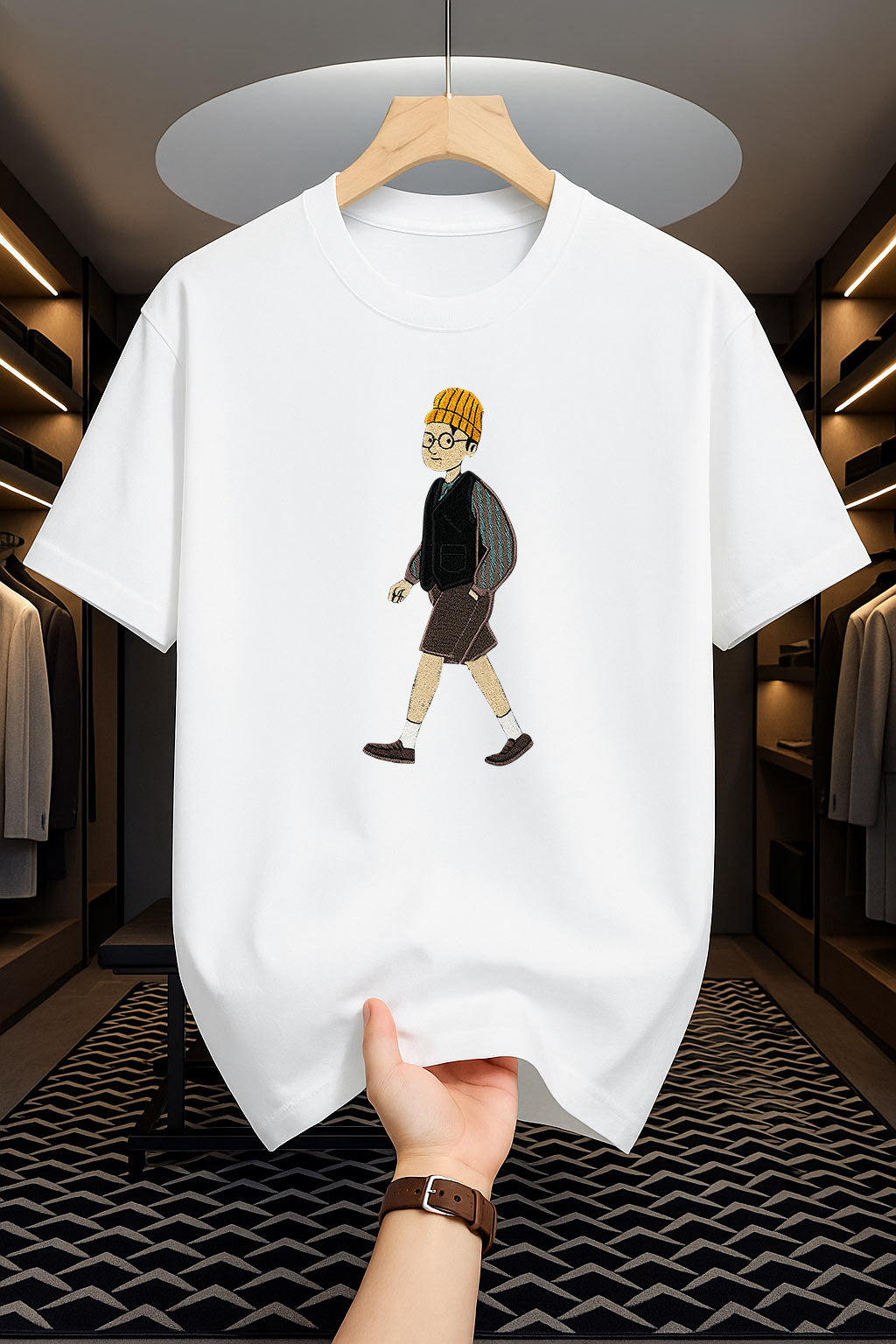 Drop Shoulder Print T-Shirt - Man with Hat Design