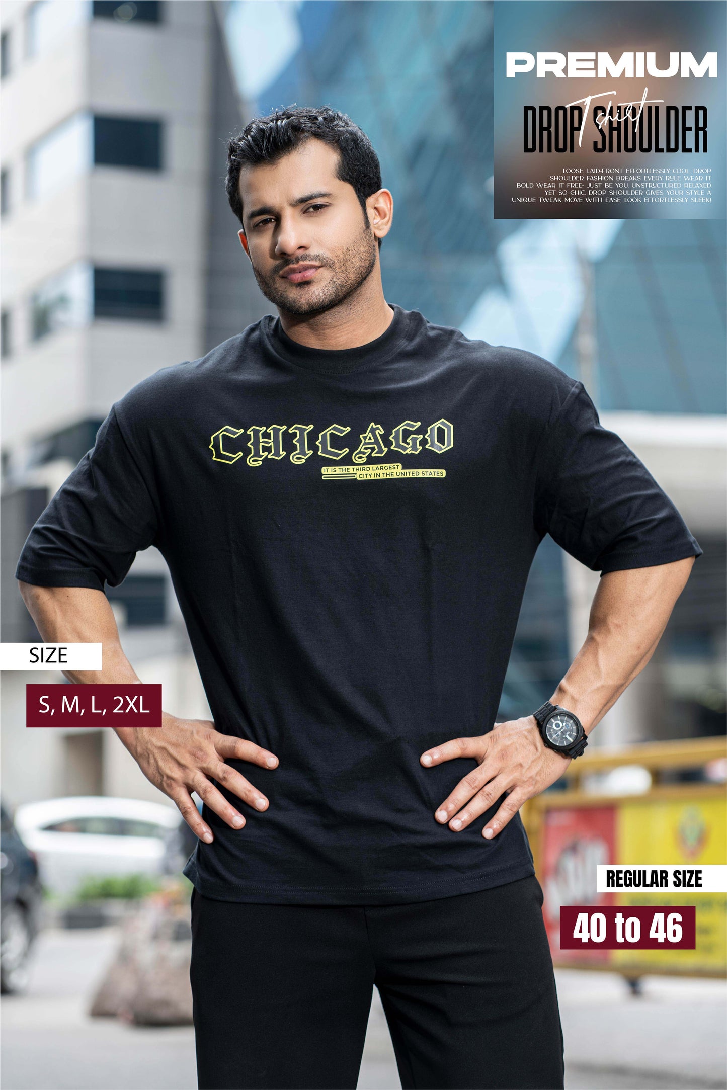 Drop Shoulder Print T-Shirt - Chicago Design