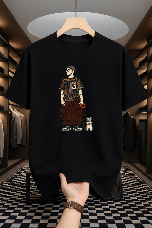 Drop Shoulder Print T-Shirt - Cat Design