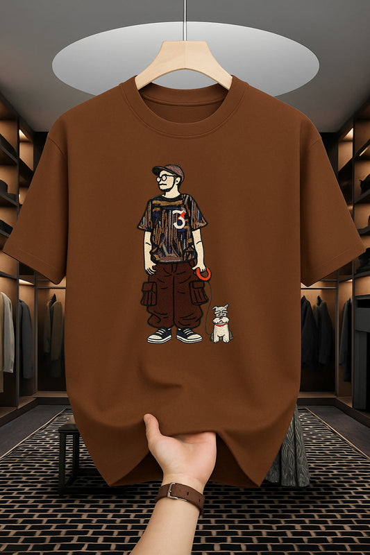 Drop Shoulder Print T-Shirt - Cat Design