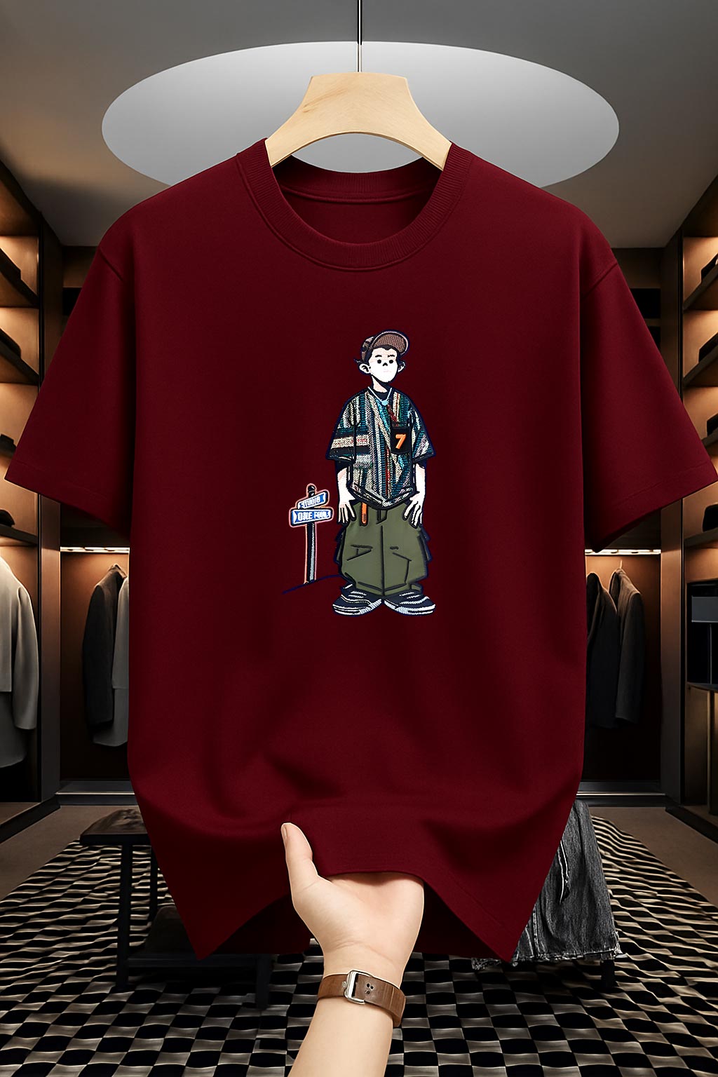 Drop Shoulder Print T-Shirt - Cartoon Design