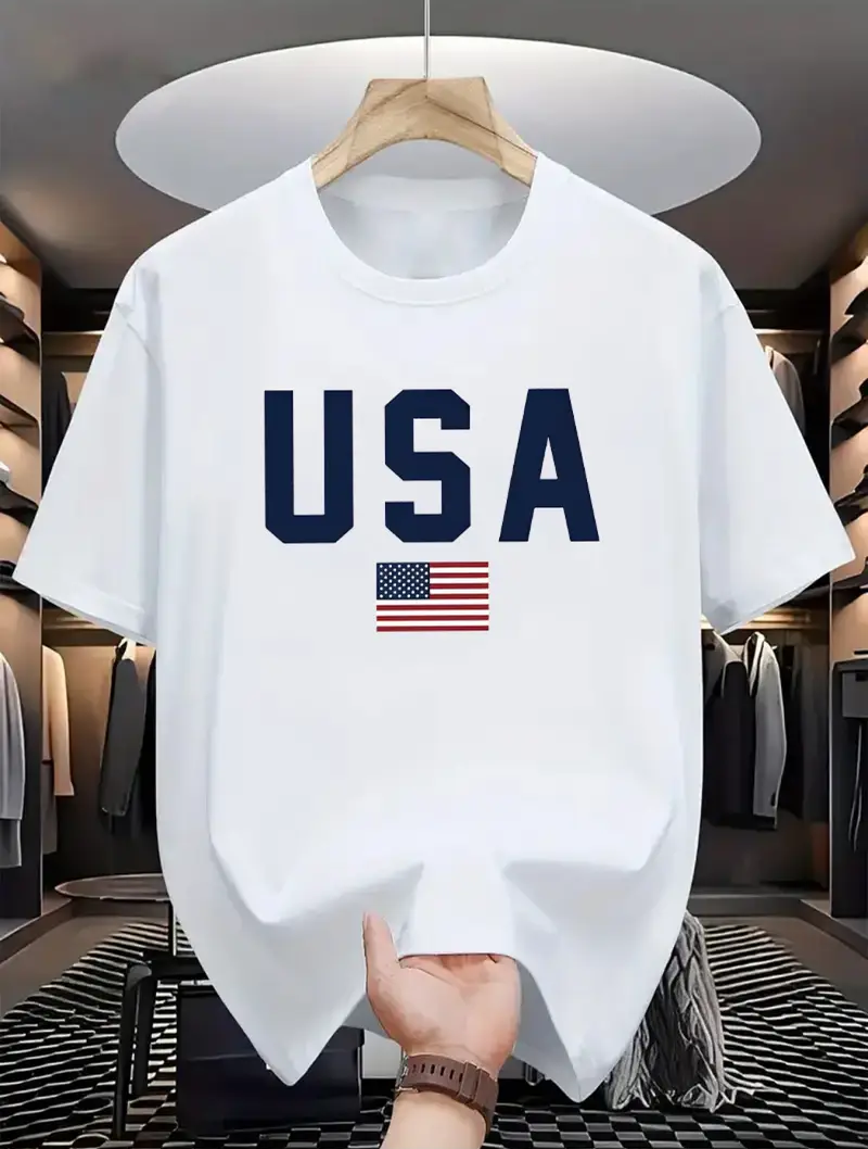 Drop Shoulder Print T-Shirt - USA - White